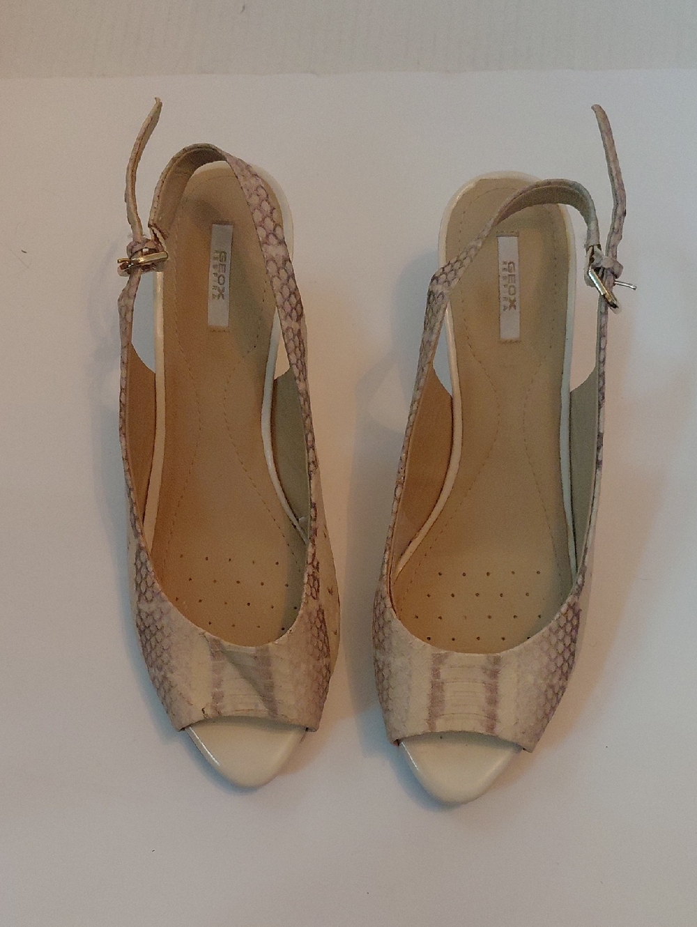 Geox Beige and Light Pink Snake-Print Slingback Peep Toe Flats 8/38.5 Preowned
